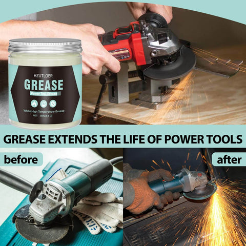 White High Temperature Lubricating Grease for Power Tools and Machinery jar next to grinding tool in use, before and after effects shown.