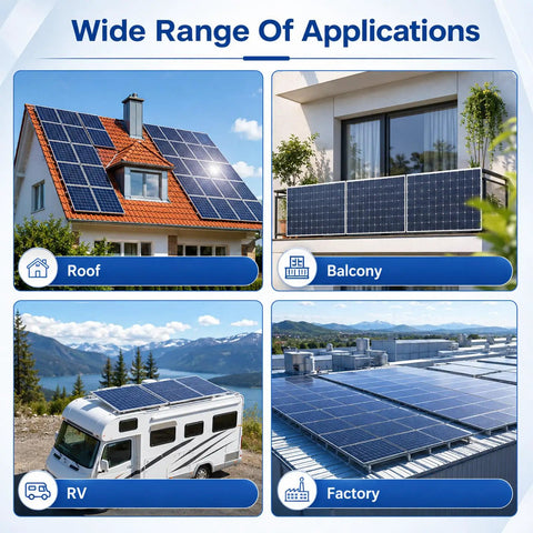 Wide range of applications for Top Shelf Black Solar Panel Clamps And End Mount Hardware Kit on roofs, balconies, RVs, and factories.