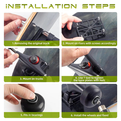 Step-by-step installation of Skateboard Trucks And Wheels Starter Kit For 7.75 To 8 Inch Decks With 52mm Wheels ABEC 9 Bearings T Tool Riser Pads