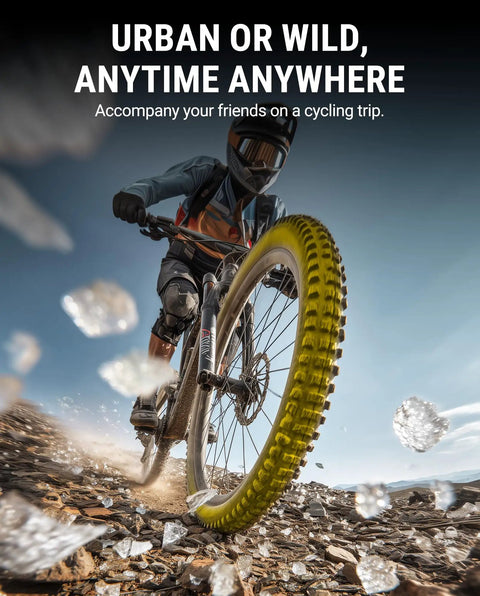 Cyclist on rocky terrain with heavy duty puncture proof tire liner for fat tire bicycles bikes motorcycles e bikes mtb