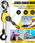 Image showing Tiny But Mighty Chain Hoist One Quarter Ton 550 Lbs Capacity Five Foot Lift Come Along With G80 Chain And Hook Portable Manual Lever Hoist For Warehouse Auto Shop Outdoor Use, with visuals of its application in construction, wood handling, and car repair.
