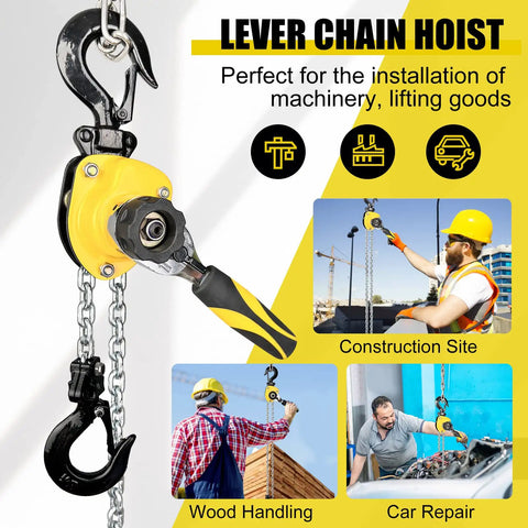 Image showing Tiny But Mighty Chain Hoist One Quarter Ton 550 Lbs Capacity Five Foot Lift Come Along With G80 Chain And Hook Portable Manual Lever Hoist For Warehouse Auto Shop Outdoor Use, with visuals of its application in construction, wood handling, and car repair.