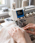 Industrial Eye Protection Guard With Clear Shield For Button Attaching Machines And Overlock Sewing High-Visibility Eye Shield in use.