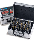 HighFire 20-piece carbide hole saw kit in a metal case with pilot bits.