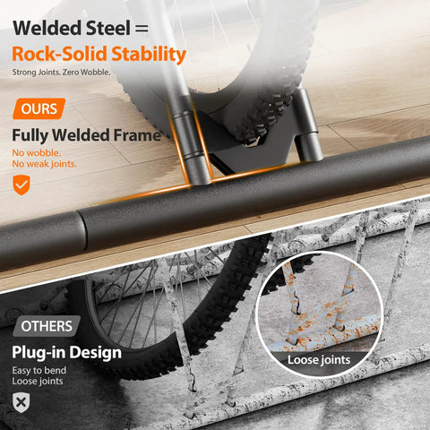 Comparison of welded steel frame with bike and rusted plug-in design on a Bike Floor Storage Rack For Garage And Outdoor Parking.