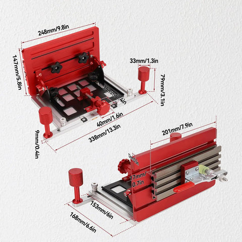 Adjustable Aluminum Table Saw Router Table Joinery Sled With Quick Clamps, dimensions detailed in millimeters and inches.