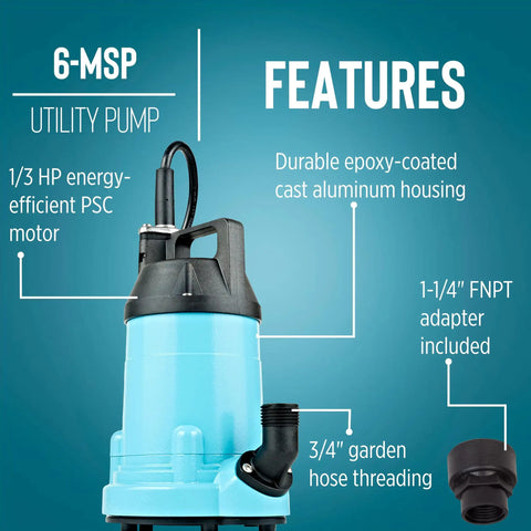 6-MSP 115V 1/3 HP Aluminum Utility Pump with epoxy-coated housing and features, blue, for water transfer and flood cleanup