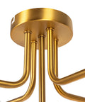 Close-up of the Brushed Gold Five-Globe Semi-Flush Mount Light fixture, highlighting the gold metal rods, modern chandelier alternative