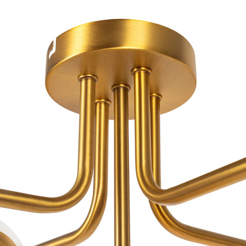 Close-up of the Brushed Gold Five-Globe Semi-Flush Mount Light fixture, highlighting the gold metal rods, modern chandelier alternative