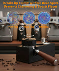 Premium Wdt Tool For Espresso Coffee Distribution Featuring Ten Stainless Steel Needles And Triple Gear Spinner With Twenty Four Strong Magnets on a wooden table with coffee beans.