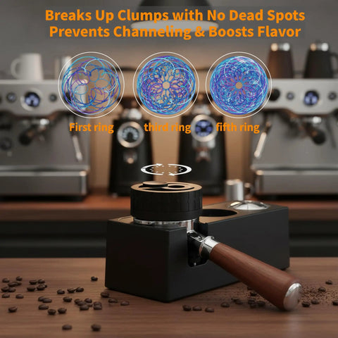 Premium Wdt Tool For Espresso Coffee Distribution Featuring Ten Stainless Steel Needles And Triple Gear Spinner With Twenty Four Strong Magnets on a wooden table with coffee beans.
