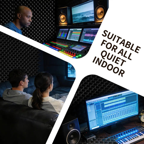 Game Changer 4 Pack Sound Proof Foam Panels 48X24X2 in a studio, enhancing sound clarity for recording and mixing.