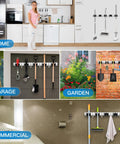 Broom And Mop Holder Wall Mount With Five Slots And Four Hooks Self Adhesive Stainless Steel Organizer for various spaces.