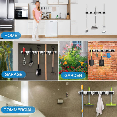 Broom And Mop Holder Wall Mount With Five Slots And Four Hooks Self Adhesive Stainless Steel Organizer for various spaces.