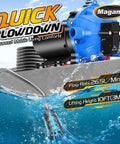 12 Volt RV Fresh Water Pump With Five Chamber Self Priming Diaphragm, Delivers 7 GPM At 70 PSI, shown with specs and water stream