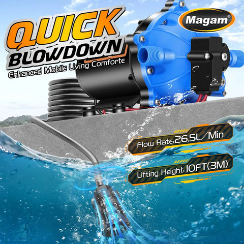 12 Volt RV Fresh Water Pump With Five Chamber Self Priming Diaphragm, Delivers 7 GPM At 70 PSI, shown with specs and water stream