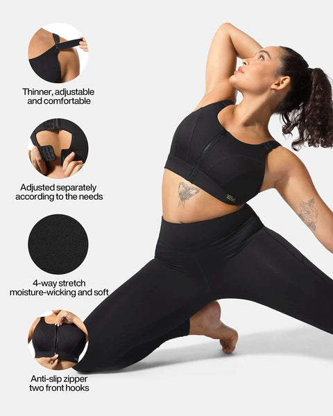 Woman wearing High Impact Zip Front Sports Bra for Women with full coverage lift during yoga pose, close-up details shown.
