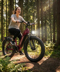 Rider in forest on Fat Tire Electric Bike With 24In Wheels, 2000W Peak Motor, 48V 18.5Ah Removable Battery, Wine