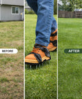 Lawn before and after using Lawn Aeration Shoes With 2 Inch Stainless Steel Spikes Adjustable Straps Tool Free Setup.