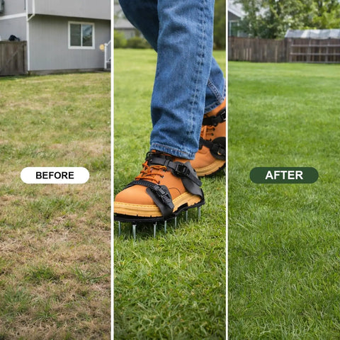 Lawn before and after using Lawn Aeration Shoes With 2 Inch Stainless Steel Spikes Adjustable Straps Tool Free Setup.