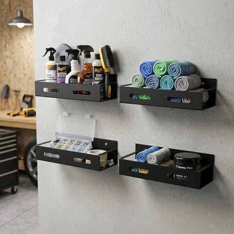 Total Workspace Game Changer Four Piece Wall Mounted Metal Storage Rack Kit Designed To Lock Down Heavy Tools Hardware And Car Care Gear Neatly Along Your Shop Walls With Tough Black Textured Powder Coat Finish