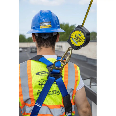 Worker using 11-Foot Baseline Web Self-Retracting Lifeline With Aluminum Housing And Swivel Top, Dyneema Web, Carabiner Included