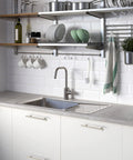 Modern kitchen with 30 Pack Brushed Nickel Cabinet Pulls 7-3/8 Inch Total Length 1/2 Inch Diameter 5 Inch Center to Center for Kitchen Cabinets and Drawers