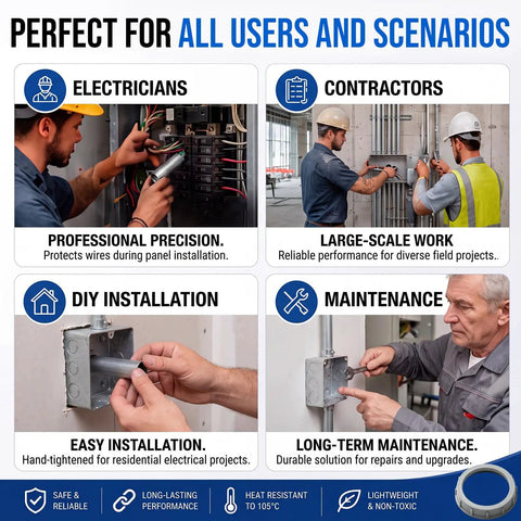 Image showing electricians and contractors using 50 Pack 2 Inch Gray Plastic Conduit Bushings Heavy Duty Insulating Sleeves for wiring.