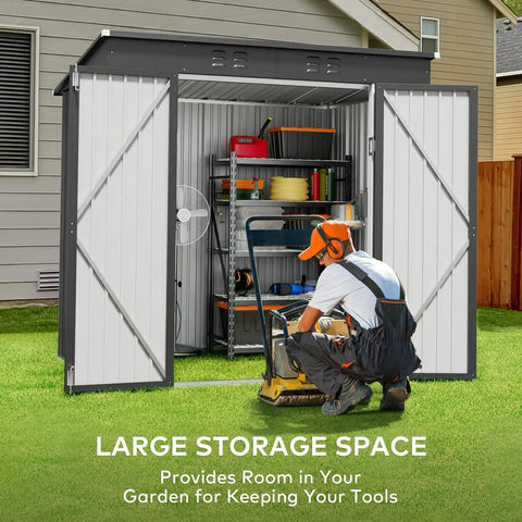 Spacious 6 By 4 Outdoor Storage Shed With Double Lockable Doors Anti Corrosion Metal Construction Waterproof Design open with tools inside