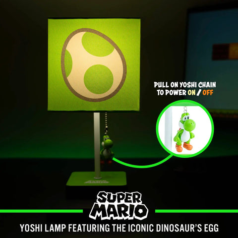Yoshi Egg Night Light Lamp For Gamers with green shade and pull chain, Cozy Game Room Decor, glowing desk light for gaming setup.