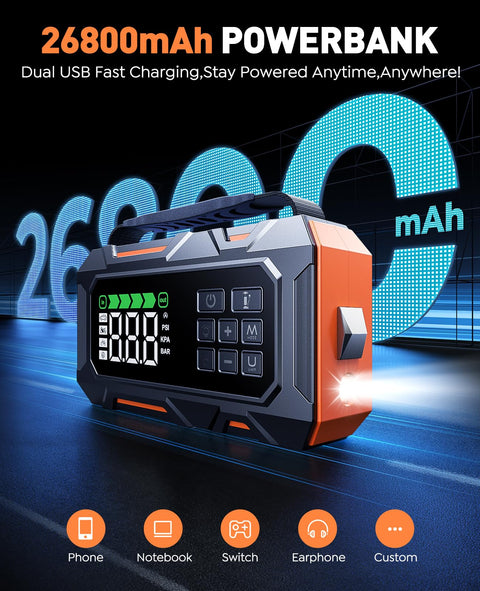 26800mAh power bank feature of 16-In-1 8000A Car Jump Starter With Air Compressor 160 PSI displayed with USB ports