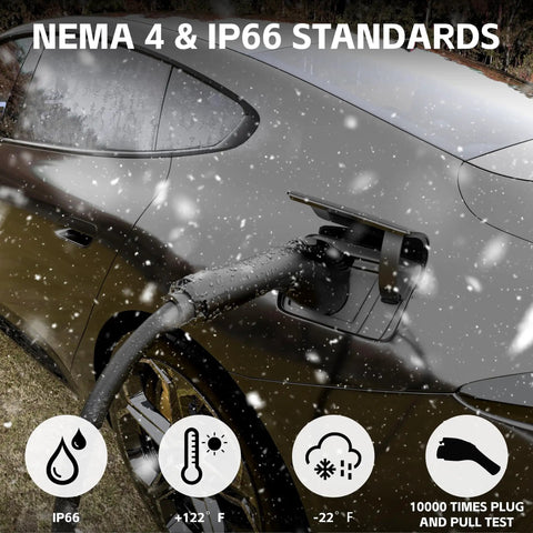 Smart Level 2 EV Charger Portable 40 Amp 9.6kW showing NEMA 14-50 plug in use on electric car during snow.