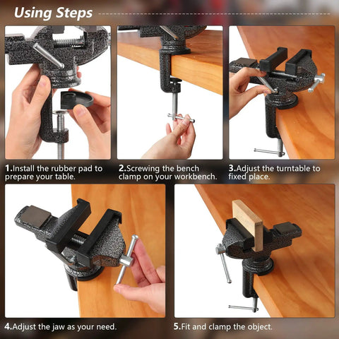 Installation steps for Universal Bench Vise Clamp On Tool With 3.15 Inch Jaw And 360 Degree Swivel Base for woodworking projects.