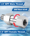 Quarter Inch NPT Pressure Washer Swivel Fitting With 360 Degree Rotation For Anti Twist And Kink Free Hose Connection Easy Quick Connect Design Durable Power Washer Accessory Made For Smooth No Tangle Cleaning And Long Lasting Use. 1/4 NPT male-female stainless steel swivel fitting