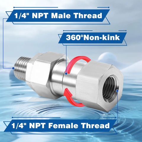 Quarter Inch NPT Pressure Washer Swivel Fitting With 360 Degree Rotation For Anti Twist And Kink Free Hose Connection Easy Quick Connect Design Durable Power Washer Accessory Made For Smooth No Tangle Cleaning And Long Lasting Use. 1/4 NPT male-female stainless steel swivel fitting