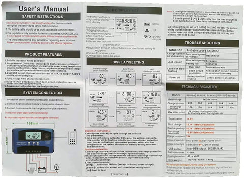 User manual for 40A MPPT Solar Charge Controller For 12V 24V Systems With Auto Tracking LCD Display Dual USB Output.