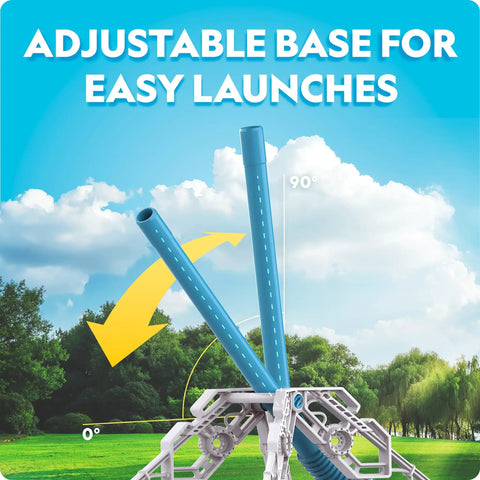 Adjustable base of the air rocket launcher kit for easy jumps, featuring glow in the dark foam rockets with 0 to 90 degrees flexibility.