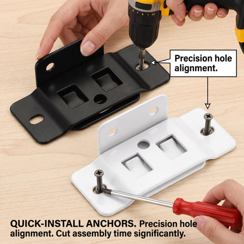 Quick Fitting Furniture Joint Bracket for Easy DIY Assembly and Repairs with precision hole alignment being drilled.