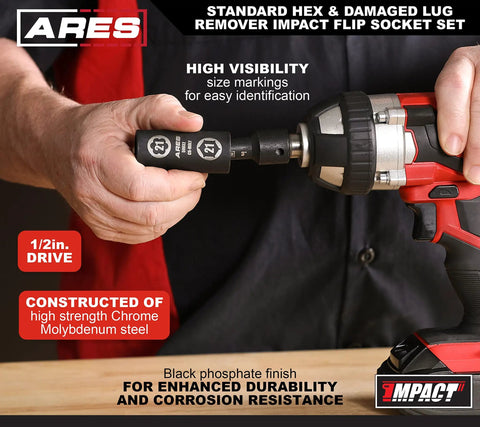 Hand holding Damaged Lug Nut Flip Socket Set with half inch drive, three inch extension, attached to impact wrench, highlighting details.