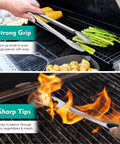 Heavy Duty Stainless Steel Grilling Utensil Set 18 Inch with tongs holding asparagus and grilling onion over flames