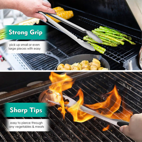 Heavy Duty Stainless Steel Grilling Utensil Set 18 Inch with tongs holding asparagus and grilling onion over flames