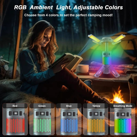 Rechargeable Telescopic Camping Lantern With Stand And Magnetic Base 12000mAh Power Bank RGB Lighting next to person reading in tent