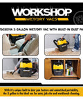 Portable Wet Dry Vacuum Cleaner 3-Gallon 3.5 Peak HP With Built-In Dust Pan in use for home and car cleaning with attachments.