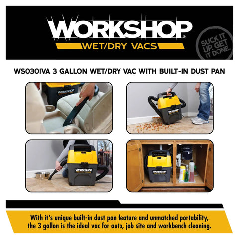 Portable Wet Dry Vacuum Cleaner 3-Gallon 3.5 Peak HP With Built-In Dust Pan in use for home and car cleaning with attachments.