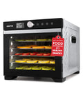 Slick Digital Food Dehydrator With Six Heavy Duty Trays, Smooth 360 Airflow Tech, One Touch Time Presets, Quick Dry Setup For Homemade Jerky Fruits And Herbs, Total Snacking Upgrade showcasing trays of dehydrating fruit.