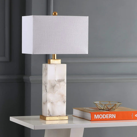 White Gold Modern Alabaster Rectangular Table Lamp With Night Light For Bedroom Coastal Vibe Bedside Lamp With White Linen Shade