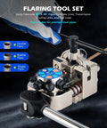 Brake line flaring tool kit with 37°/45° flares, blue dial gauge, metallic body, front view.