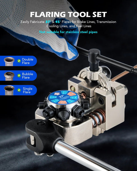 Brake line flaring tool kit with 37°/45° flares, blue dial gauge, metallic body, front view.