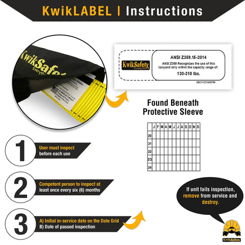 KwikLABEL instructions for Rock Solid 6 Foot Flat Safety Lanyard With Quick Deploy Shock Absorber and Heavy Duty Yellow Webbing.