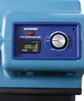 Control panel of Heavy Duty Air Scrubber Slings Seven Five Zero Cfm with hour meter and speed dial in blue casing.